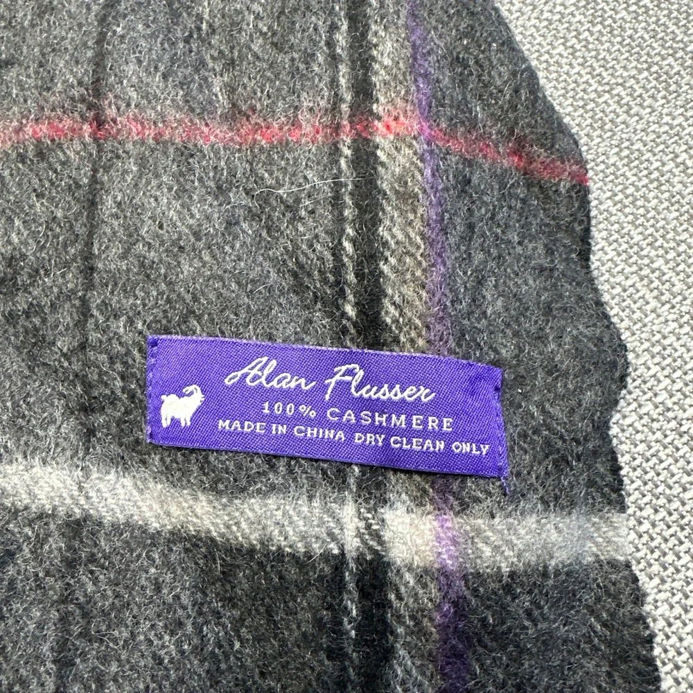 Alan‎ Flusser 100% Cashmere Scarf Gray Plaid Check Fringe Luxury Preppy  56x12